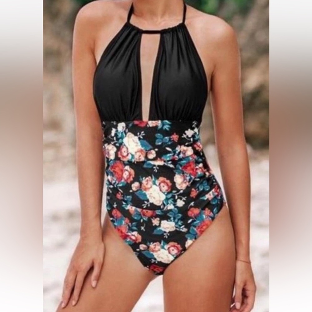 NWT Cupshe Black Floral Halter Tummy‎ Control One Piece Swimsuit Womens M (1103)